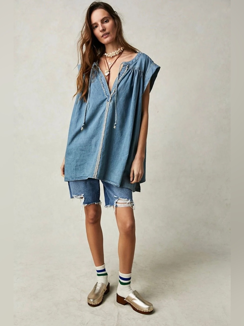 Free People Green Eyes Denim Oversized Boxy Tunic Top Small Blue Boho Western